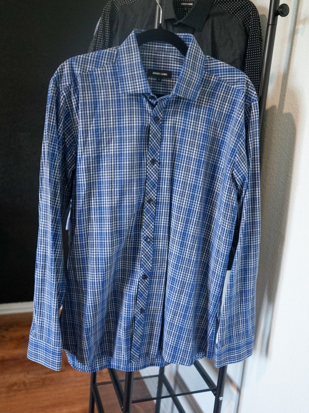 Jared Lang - Men's Blue & White Micro Check Long Sleeve Button Down Shirt Size L